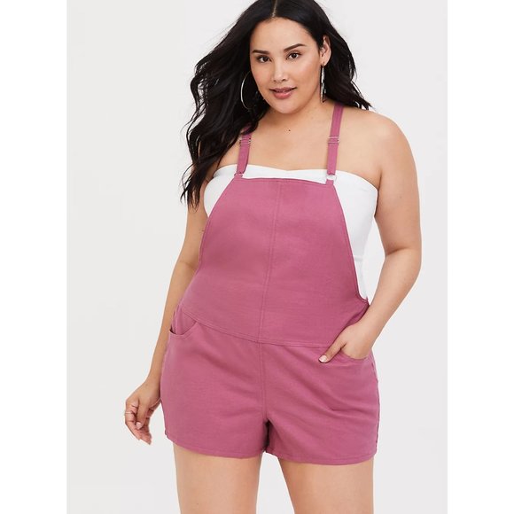 Torrid Stretch Linen Shortalls Pink Deco Rose NEW - Picture 2 of 10